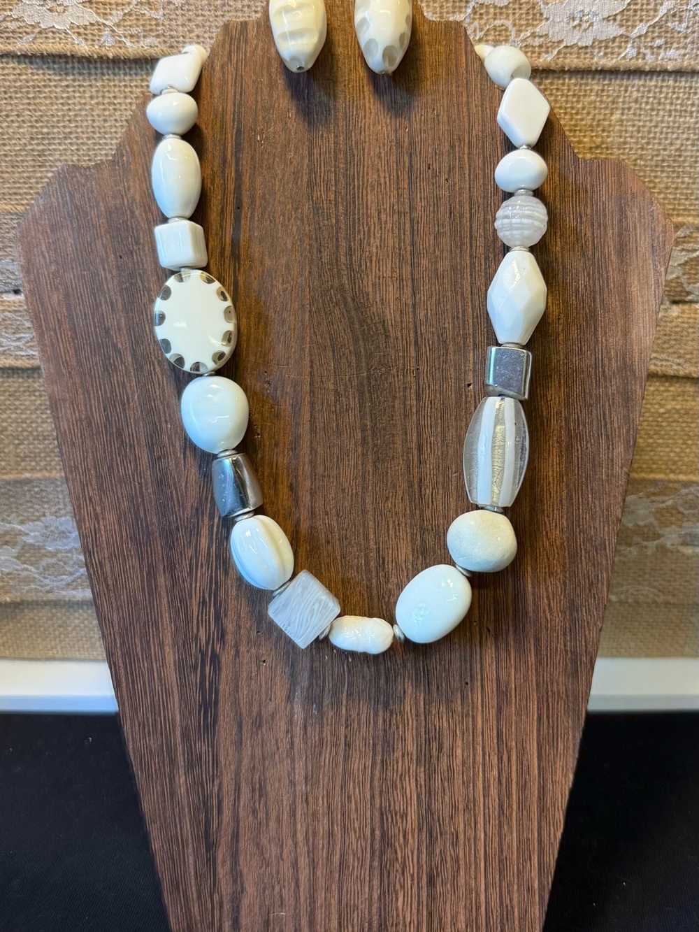 Chico's Cream and Silver Mixed Bead Necklace with Matching Earrings - Picture 2 of 2